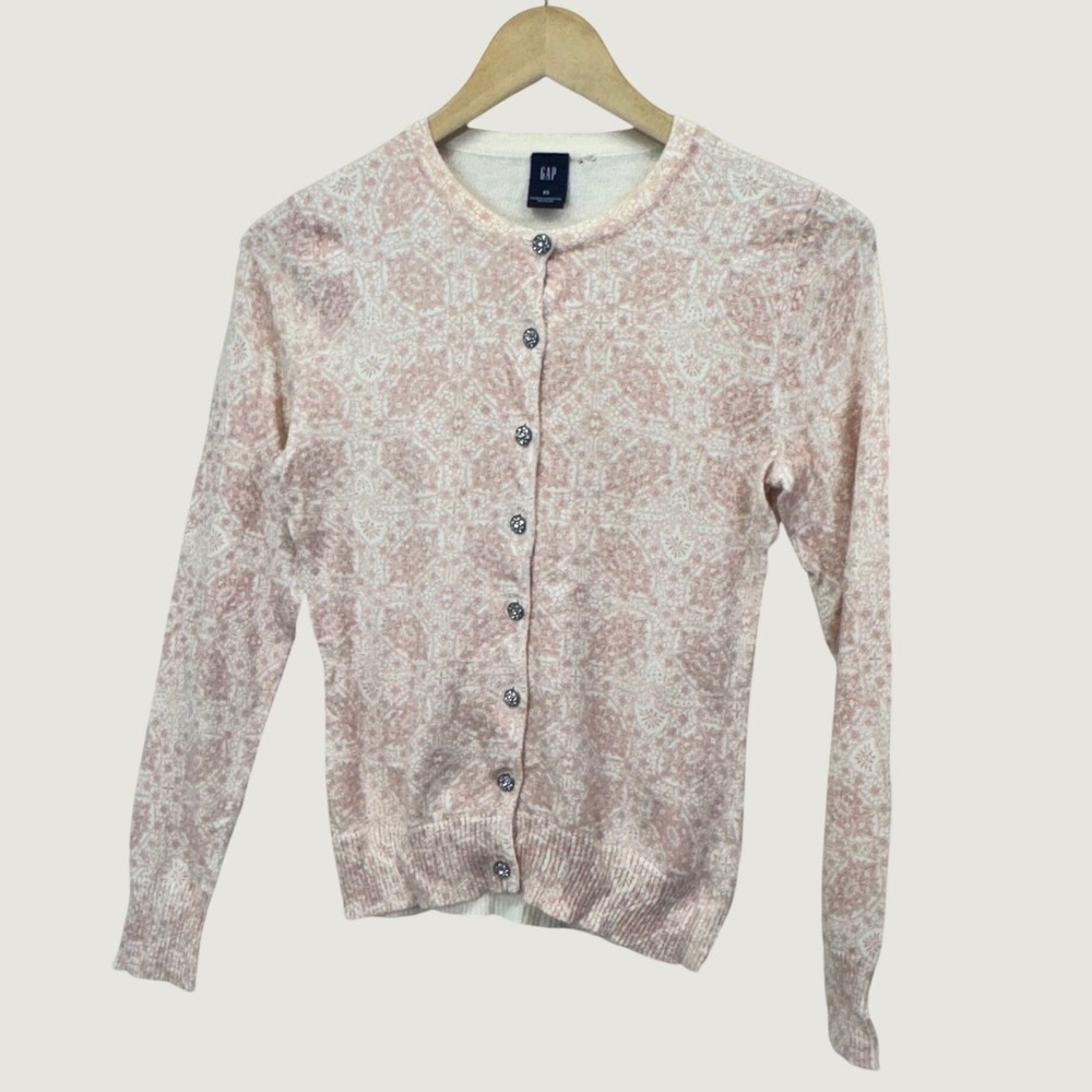 Gap‎ Cardigan Sweater XS Pink Floral Cotton Angora Wool Blend Coquette Dainty